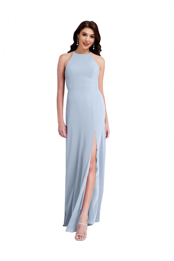 High Neck Long Stretch Crepe Light Sky Blue Sheath Sleeveless Formal Evening Gown / Prom Dress / Bridesmaid Dress Victoria