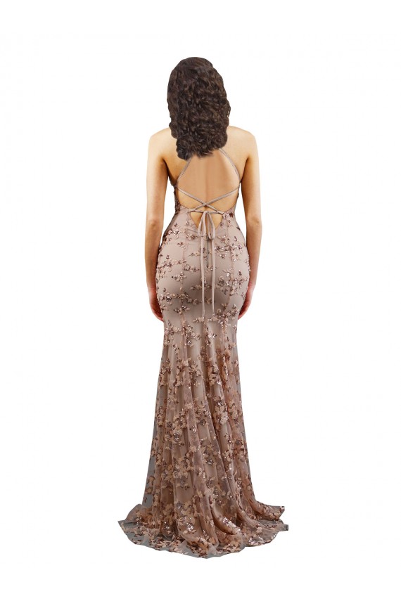 High Neck Long Stretch Crepe & Sequin Tulle Rose Gold Sleeveless Formal Evening Gown / Prom Dress / Bridesmaid Dress Victoria