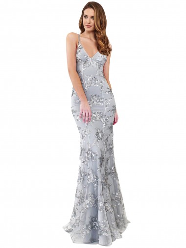 High Neck Long Stretch Crepe & Sequin Tulle Silver Sleeveless Formal Evening Gown / Prom Dress / Bridesmaid Dress Victoria