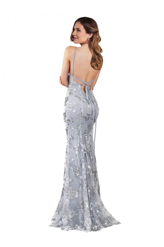 High Neck Long Stretch Crepe & Sequin Tulle Silver Sleeveless Formal Evening Gown / Prom Dress / Bridesmaid Dress Victoria