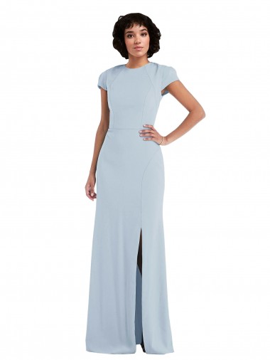 Jewel Neck Long Stretch Crepe Light Sky Blue Cap Sleeves Semi Formal Evening Dress / Bridesmaid Dress Victoria