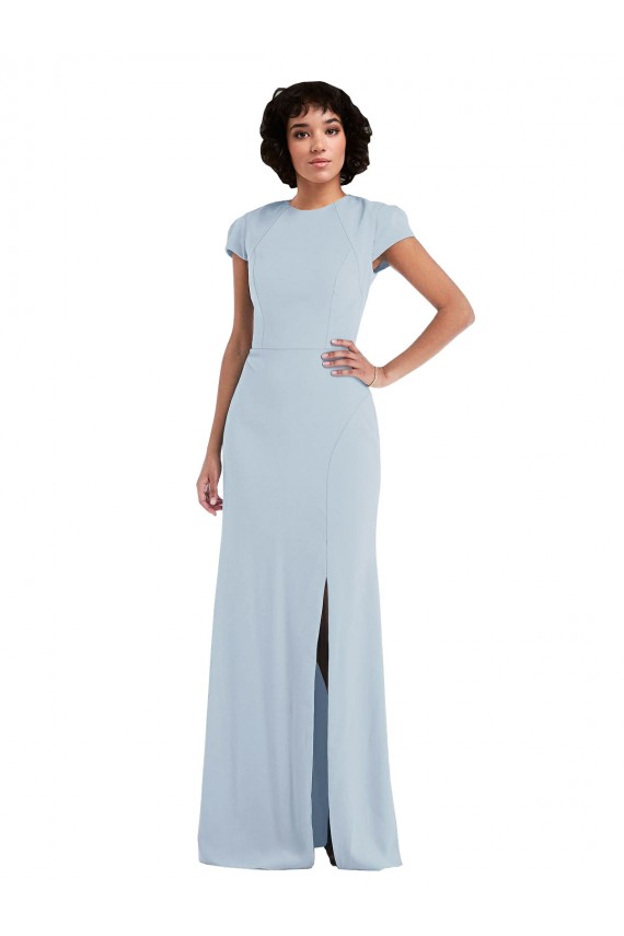 Jewel Neck Long Stretch Crepe Light Sky Blue Cap Sleeves Semi Formal Evening Dress / Bridesmaid Dress Victoria