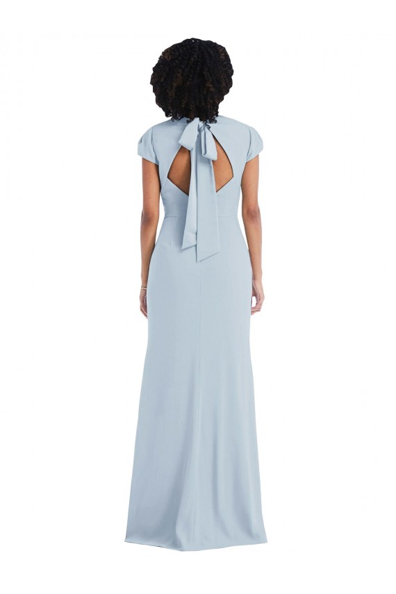 Jewel Neck Long Stretch Crepe Light Sky Blue Cap Sleeves Semi Formal Evening Dress / Bridesmaid Dress Victoria