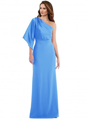 One Shoulder Long Stretch Crepe Peacock Blue Bell Sleeves Semi Formal Evening Dress / Prom Dress / Bridesmaid Dress Victoria