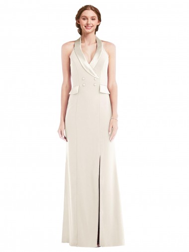 Halter Neck Long Stretch Crepe Ivory Sleeveless Semi Formal Evening Dress / Prom Dress / Bridesmaid Dress Victoria
