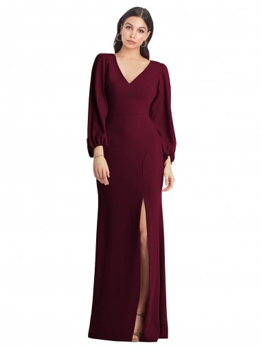 V-Neck Long Stretch Crepe Burgundy Gold Puff Sleeves Semi Formal Evening Dress / Prom Dress / Bridesmaid Dress Victoria