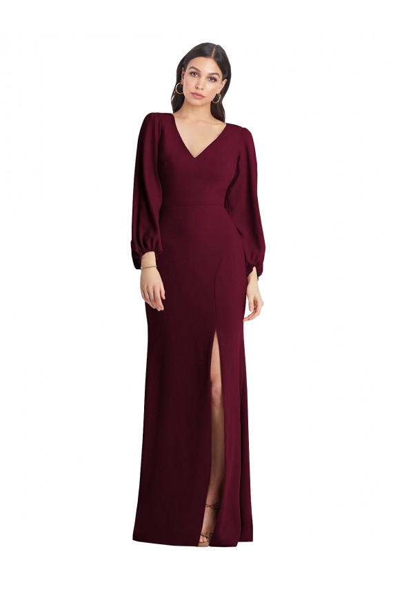 V-Neck Long Stretch Crepe Burgundy Gold Puff Sleeves Semi Formal Evening Dress / Prom Dress / Bridesmaid Dress Victoria