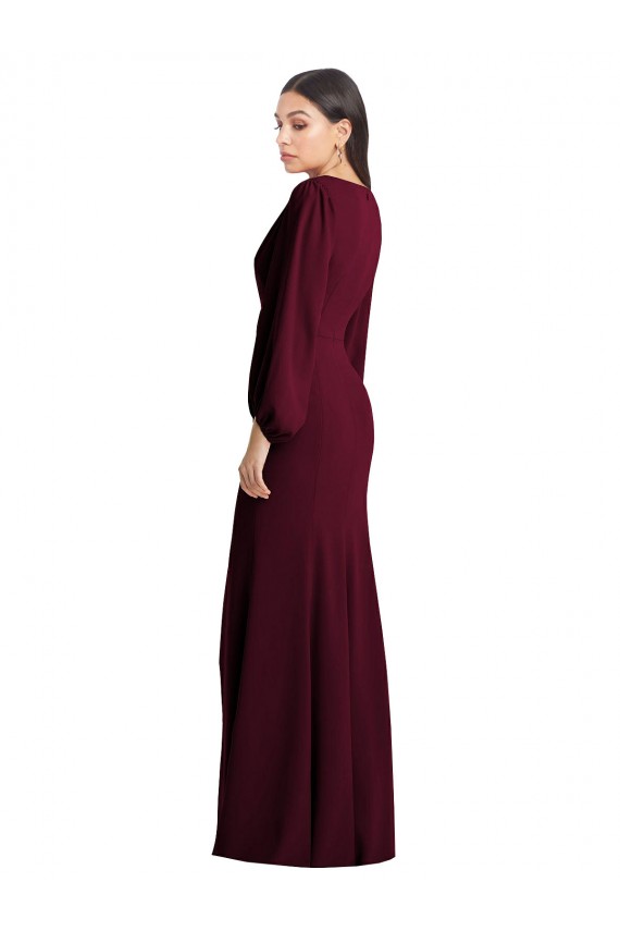 V-Neck Long Stretch Crepe Burgundy Gold Puff Sleeves Semi Formal Evening Dress / Prom Dress / Bridesmaid Dress Victoria