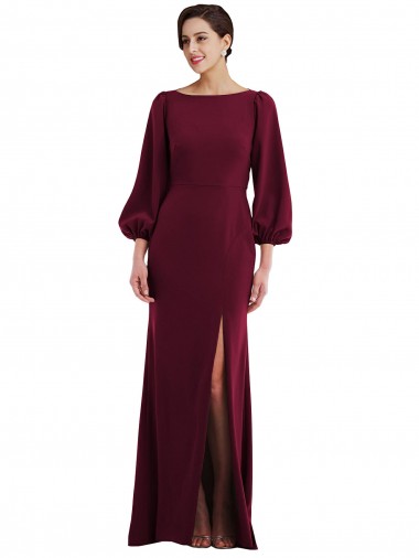 Bateau Neck Long Stretch Crepe Burgundy Gold Long Sleeves Formal Evening Gown / Prom Dress / Bridesmaid Dress Victoria