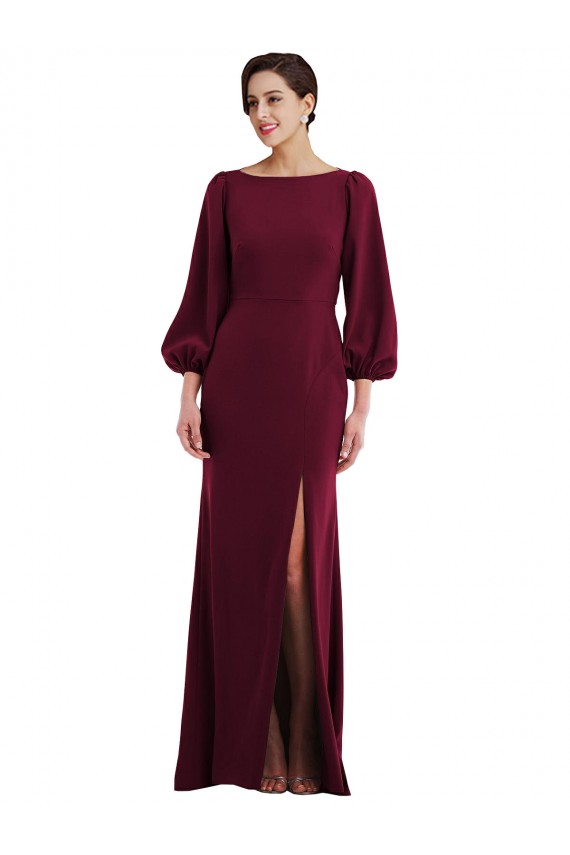 Bateau Neck Long Stretch Crepe Burgundy Gold Long Sleeves Formal Evening Gown / Prom Dress / Bridesmaid Dress Victoria