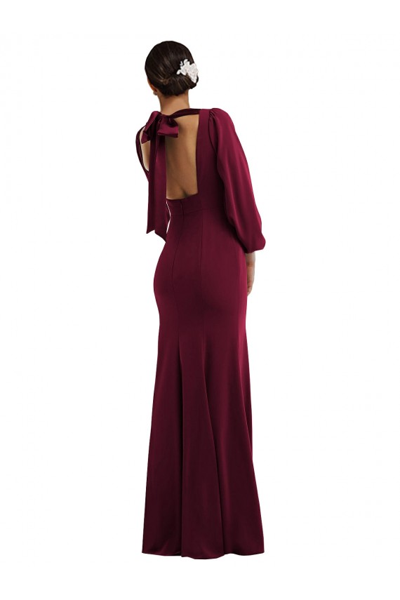 Bateau Neck Long Stretch Crepe Burgundy Gold Long Sleeves Formal Evening Gown / Prom Dress / Bridesmaid Dress Victoria