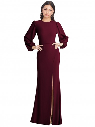 Bateau Neck Long Stretch Crepe Burgundy Gold Puff Sleeves Formal Dress / Bridesmaid Dress Victoria