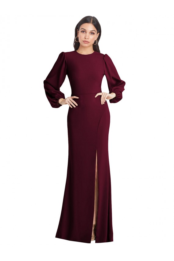 Bateau Neck Long Stretch Crepe Burgundy Gold Puff Sleeves Formal Dress / Bridesmaid Dress Victoria