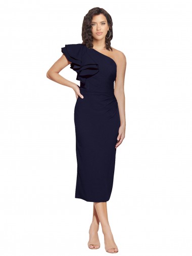 One Shoulder Midi Length Stretch Crepe Dark Navy Sleeveless Formal Evening Gown / Prom Dress / Bridesmaid Dress Victoria