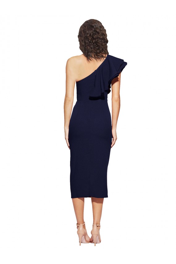 One Shoulder Midi Length Stretch Crepe Dark Navy Sleeveless Formal Evening Gown / Prom Dress / Bridesmaid Dress Victoria