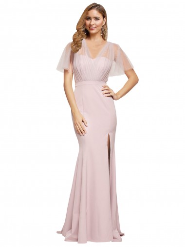 Sweetheart Long Stretch Crepe & Tulle Mauve Short Sleeves Formal Evening Gown / Prom Dress / Bridesmaid Dress Victoria