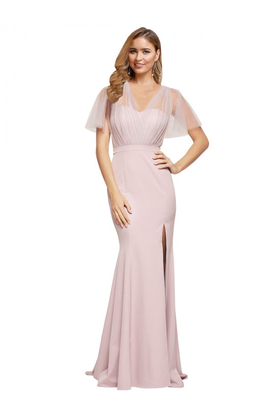Sweetheart Long Stretch Crepe & Tulle Mauve Short Sleeves Formal Evening Gown / Prom Dress / Bridesmaid Dress Victoria