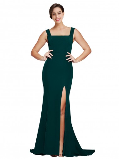 Square Neck Sweep Train Stretch Crepe Midnight Green Sleeveless Semi Formal Evening Dress / Prom Dress / Bridesmaid Dress Victoria