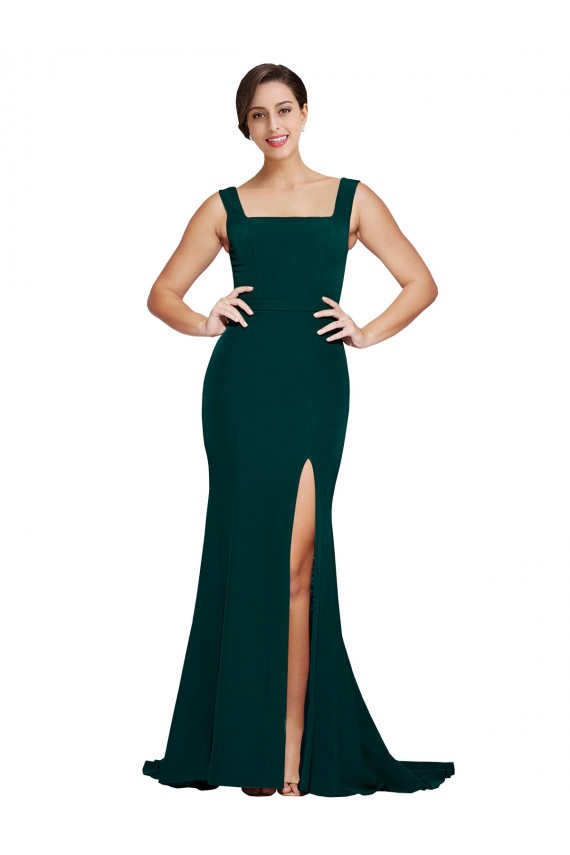 Square Neck Sweep Train Stretch Crepe Midnight Green Sleeveless Semi Formal Evening Dress / Prom Dress / Bridesmaid Dress Victoria