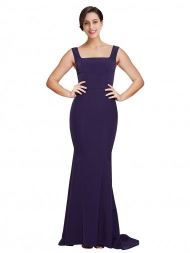 Square Neck Sweep Train Stretch Crepe Dark Navy Sleeveless Semi Formal Evening Dress / Prom Dress / Bridesmaid Dress Victoria