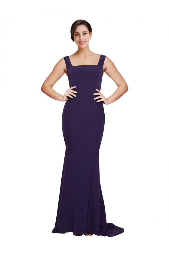 Square Neck Sweep Train Stretch Crepe Dark Navy Sleeveless Semi Formal Evening Dress / Prom Dress / Bridesmaid Dress Victoria