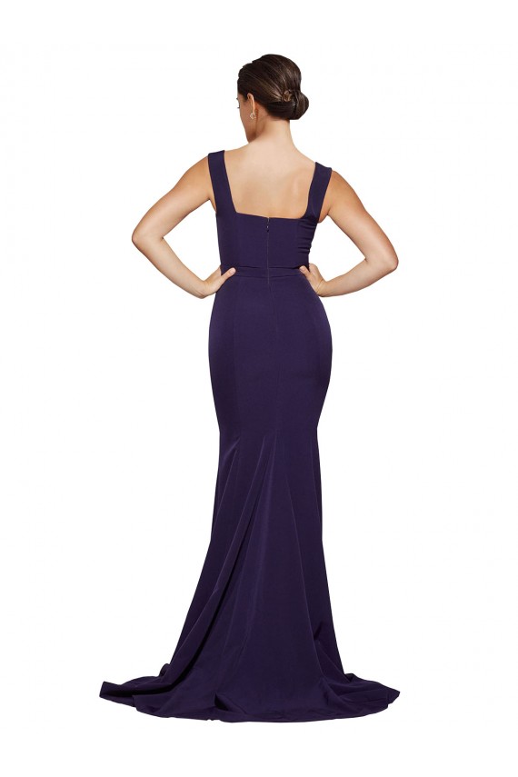 Square Neck Sweep Train Stretch Crepe Dark Navy Sleeveless Semi Formal Evening Dress / Prom Dress / Bridesmaid Dress Victoria