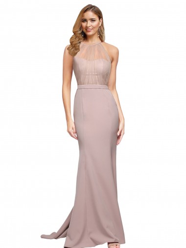 High Neck Sweep Train Stretch Crepe Dusty Pink Sheath Sleeveless Formal Evening Gown / Prom Dress / Bridesmaid Dress Victoria
