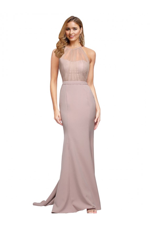 High Neck Sweep Train Stretch Crepe Dusty Pink Sheath Sleeveless Formal Evening Gown / Prom Dress / Bridesmaid Dress Victoria