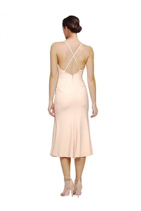 V-Neck Midi Length Stretch Crepe Nude Sleeveless Evening Gown / Prom Dress / Bridesmaid Dress Victoria