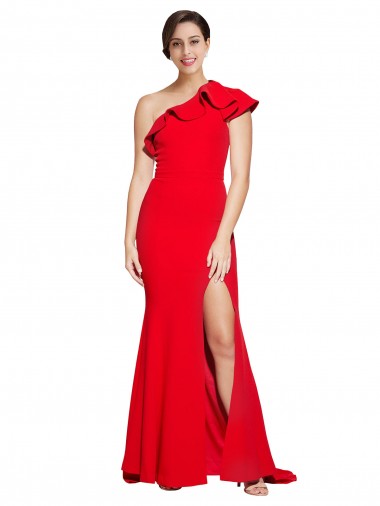 One Shoulder Sweep Train Stretch Crepe Red Sleeveless Semi Formal Evening Dress / Prom Dress / Bridesmaid Dress Victoria