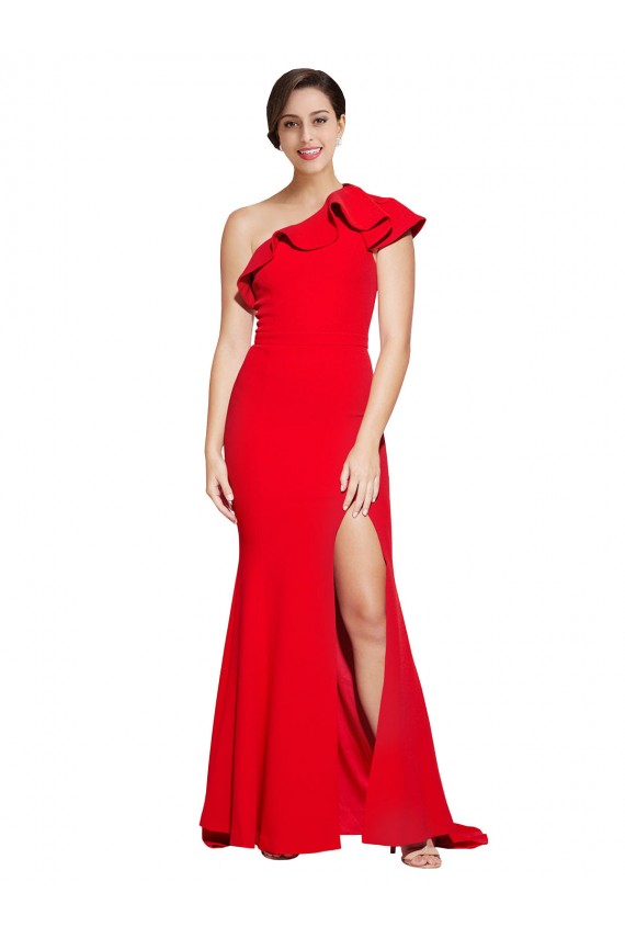 One Shoulder Sweep Train Stretch Crepe Red Sleeveless Semi Formal Evening Dress / Prom Dress / Bridesmaid Dress Victoria