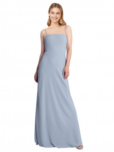Square Neck Long Stretch Crepe Smoke Blue Sleeveless Prom Dress / Bridesmaid Dress Victoria