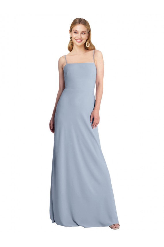 Square Neck Long Stretch Crepe Smoke Blue Sleeveless Prom Dress / Bridesmaid Dress Victoria