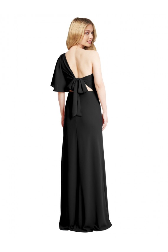 One Shoulder Long Stretch Crepe Black Flutter Sleeves Formal Evening Gown / Prom Dress / Bridesmaid Dress Victoria