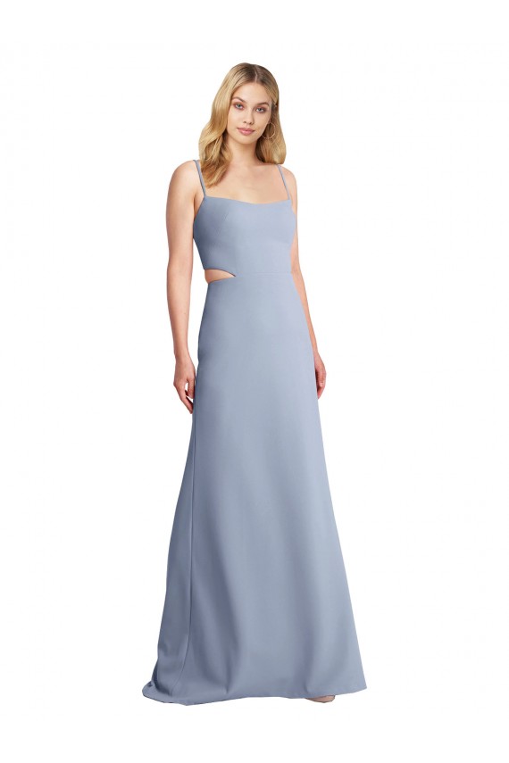 Scoop Neck Long Stretch Crepe Smoke Blue Sleeveless Prom Dress / Bridesmaid Dress Victoria