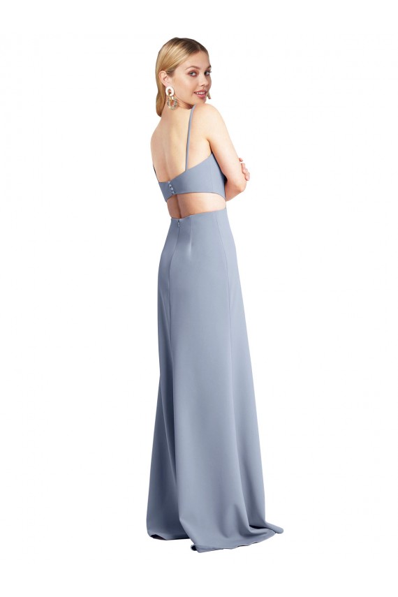 Scoop Neck Long Stretch Crepe Smoke Blue Sleeveless Prom Dress / Bridesmaid Dress Victoria