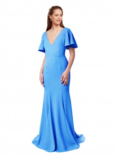 V-Neck Sweep Train Stretch Crepe Peacock Blue Short Sleeves Prom Dress / Bridesmaid Dress Victoria