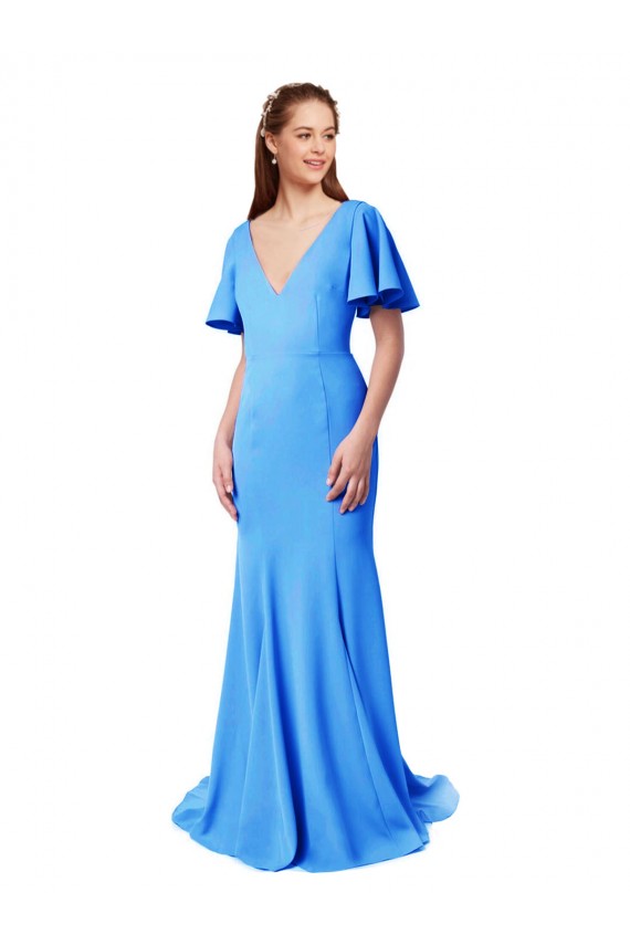 V-Neck Sweep Train Stretch Crepe Peacock Blue Short Sleeves Prom Dress / Bridesmaid Dress Victoria