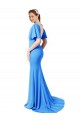 V-Neck Sweep Train Stretch Crepe Peacock Blue Short Sleeves Prom Dress / Bridesmaid Dress Victoria