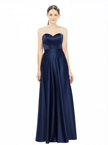 Sweetheart Long Stretch Satin Dark Navy Sleeveless Black Tie Evening Gown / Bridesmaid Dress Victoria