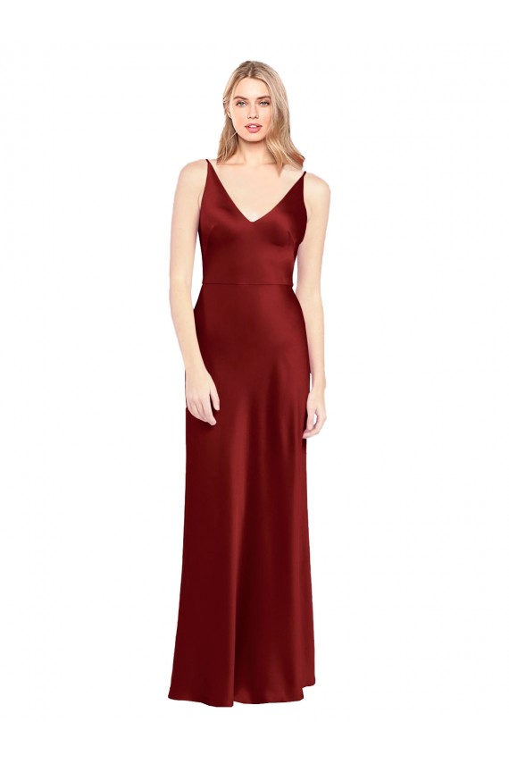 V-Neck Long Stretch Satin Burgundy Sleeveless Formal Evening Gown / Prom Dress / Bridesmaid Dress Victoria