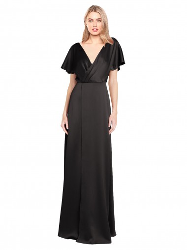 V-Neck Long Stretch Satin Black Cap Sleeves Bridesmaid Dress / Evening Dress Victoria