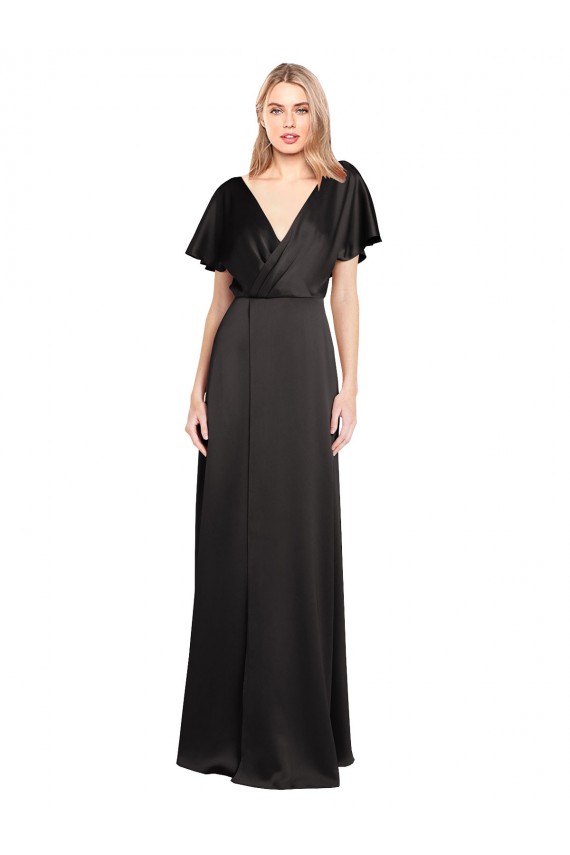 V-Neck Long Stretch Satin Black Cap Sleeves Bridesmaid Dress / Evening Dress Victoria