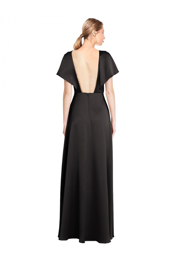 V-Neck Long Stretch Satin Black Cap Sleeves Bridesmaid Dress / Evening Dress Victoria