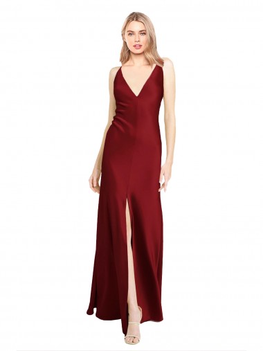 V-Neck Long Stretch Satin Burgundy Sleeveless Black Tie Evening Gown / Prom Dress / Bridesmaid Dress Victoria
