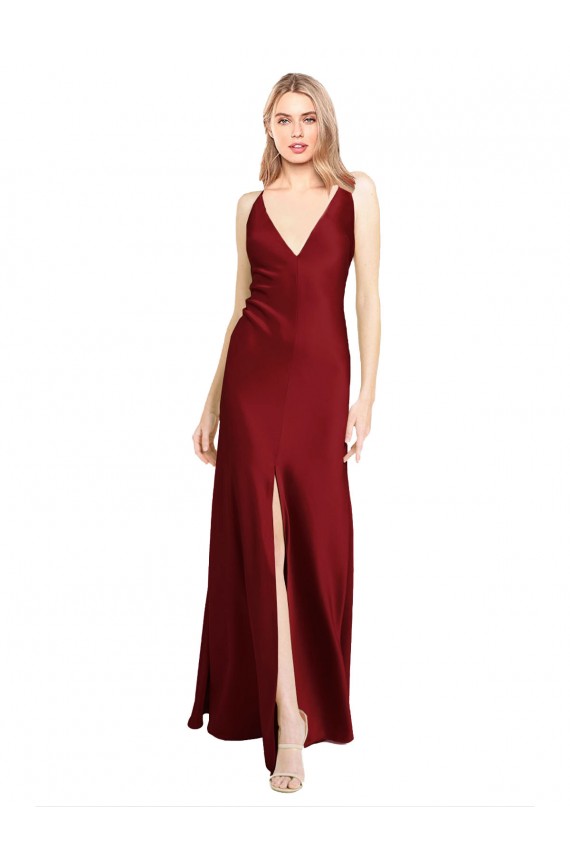 V-Neck Long Stretch Satin Burgundy Sleeveless Black Tie Evening Gown / Prom Dress / Bridesmaid Dress Victoria