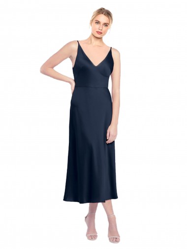 V-Neck Midi Length Stretch Satin Dark Navy Sleeveless Formal Evening Gown / Prom Dress / Bridesmaid Dress Victoria