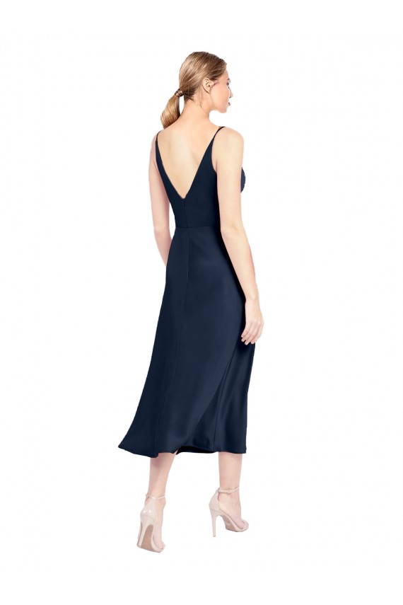 V-Neck Midi Length Stretch Satin Dark Navy Sleeveless Formal Evening Gown / Prom Dress / Bridesmaid Dress Victoria