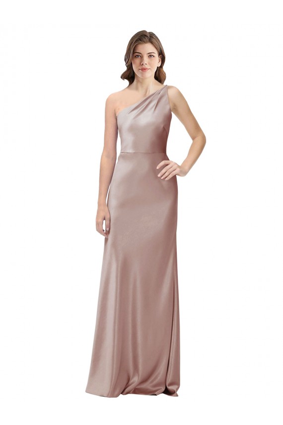 One Shoulder Long Stretch Satin Dusty Pink Sleeveless Formal Evening Gown / Prom Dress / Bridesmaid Dress Victoria