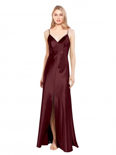 V-Neck Long Stretch Satin Burgundy Gold Sleeveless Bridesmaid Dress / Evening Dress Victoria